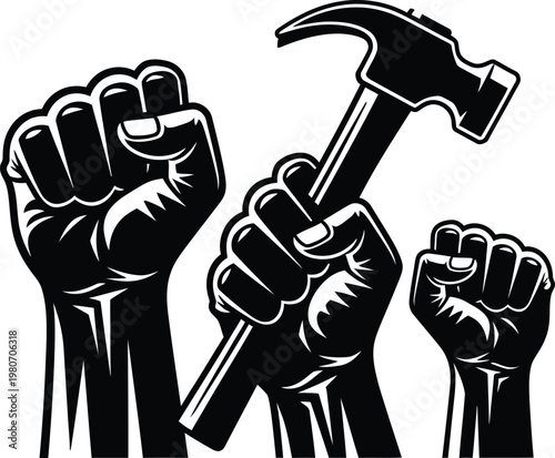 Fists raised in solidarity, one holding a hammer, representing labor movements, protests, and the power of collective action and industry workers.