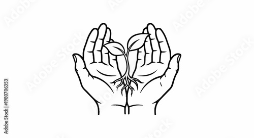 Two open hands cradling a small plant with roots and leaves