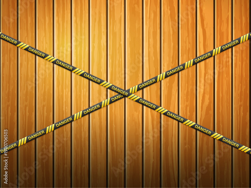 Danger tape on wooden background. Vector illustration.