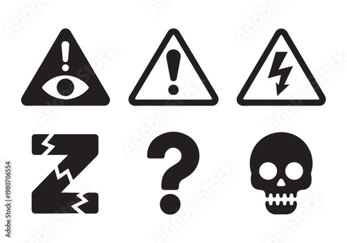 Set of black danger and warning icons isolated on white background.
