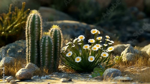 Vibrant desert scene featuring blooming daisies beside towering cacti amidst rocky terrain