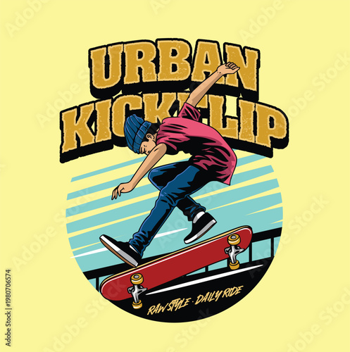 Vintage urban kickflip illustration featuring a skater in a beanie performing a trick on a red skateboard