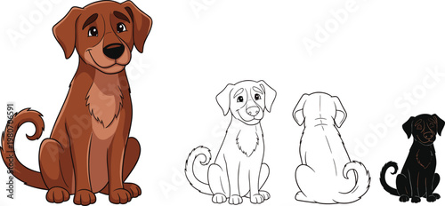 Vector Cartoon Brown Dog Character Set Including Full Color Sitting Pose Black Silhouette and Line Art Sketches for Pet Design
