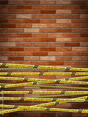 Police line tape on bricks background. Vector illustration.