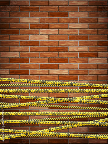Under construction tape on bricks background. Vector illustration.