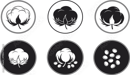 Tableau sur toile Vector Icon Set of Organic Cotton Flower Buds and Seeds in Black and White Silho
