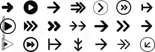 Collection of various arrow and play button icons in different styles and directions Keywords: arrow, direction, navigation, play, button