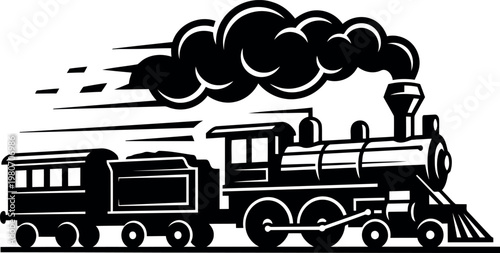 Vintage steam locomotive vector illustration, classic antique train with smoke clouds, retro black and white railway engine icon for travel design