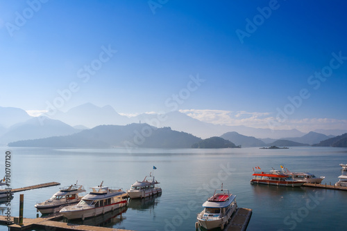 Wallpaper Mural Boats at a jetty in the Sun Moon Lake, Taiwan Torontodigital.ca