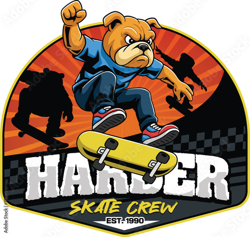 Tough bulldog mascot character skating on a yellow board for the handler skate crew emblem