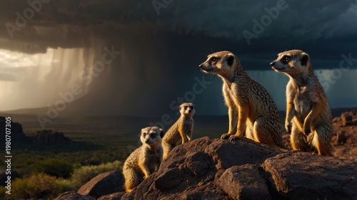 Meerkats on a rocky outcrop observing an approaching storm over a dramatic landscape at dusk