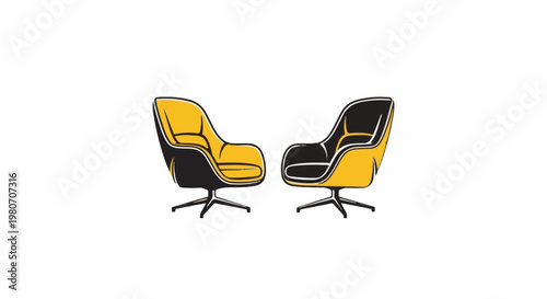 Two modern chairs, one yellow, one black, on white background