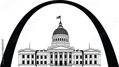 Vector illustration of the iconic St. Louis Gateway Arch framing the historic Old Courthouse dome under a waving American flag.