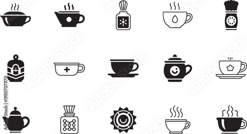 Collection of black and white representing hot beverages and related coffee cup tea cup