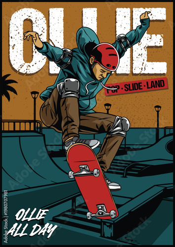Vintage style skate park poster featuring a skater performing a high ollie trick during sunset