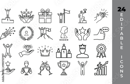 Success and achievement icons: awards trophies celebrations with achievement celebration champion medallion champagne leadership competition recognition excellence performance accomplishment