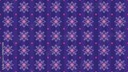 Seamless floral pattern featuring elegant stylized outline flowers in lavender and pink hues, set against a rich deep purple and dark blue striped background, ideal for decorative textile