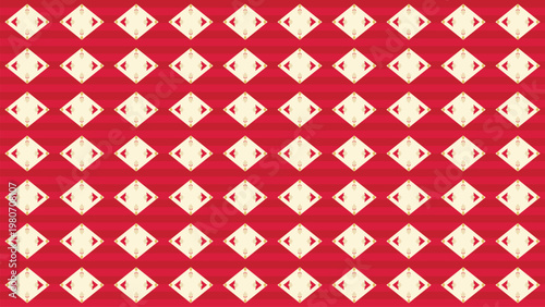 Seamless geometric pattern with diamond shapes and horizontal stripes, rich red and cream colors with golden accents, perfect for holiday backgrounds, elegant wallpaper, fabric, wrapping