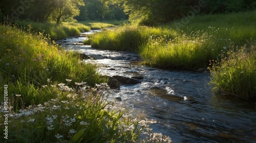Serene river flowing through lush green meadows with wildflowers under soft sunlight in nature