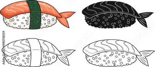Vector Illustration Set of Salmon Nigiri Sushi in Four Styles Including Full Color Black Silhouette and Hand Drawn Line Art Sketches