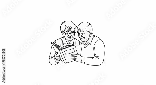 Two men, one younger with glasses, and an older man, share reading a book