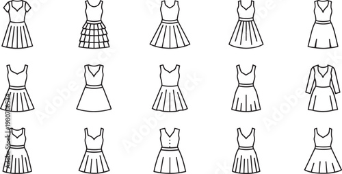 Collection of fifteen black outline dresses with varied necklines and skirt styles fashion clothing apparel