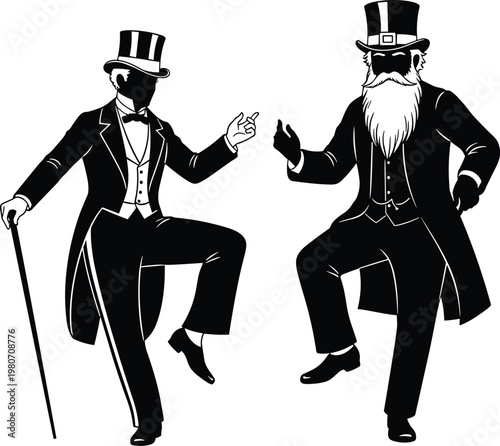 Black and white silhouette of two elegant Victorian gentlemen wearing top hats and tailcoats, joyfully dancing a lively vintage jig.