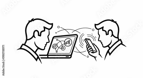 Two men interacting with a laptop and phone, showing digital connection