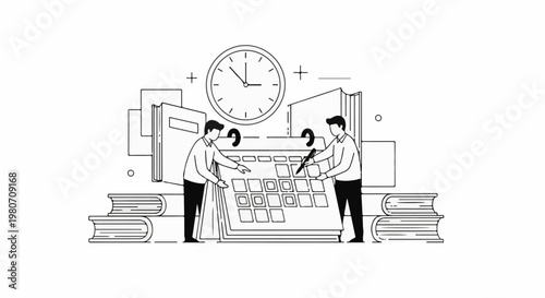 Two men interact with a large calendar and clock, surrounded by books