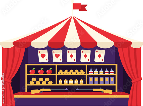 Vintage carnival shooting gallery stall with red striped tent, prizes, target rifles, and playing cards for fairground festival games vector.