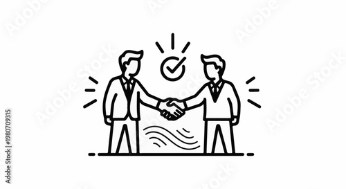 Two men in suits shake hands under a checkmark, symbolizing an agreement