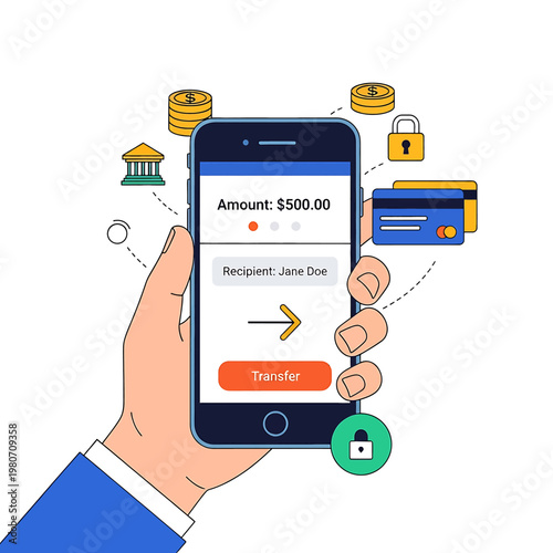 Hand holding smartphone with money transfer.