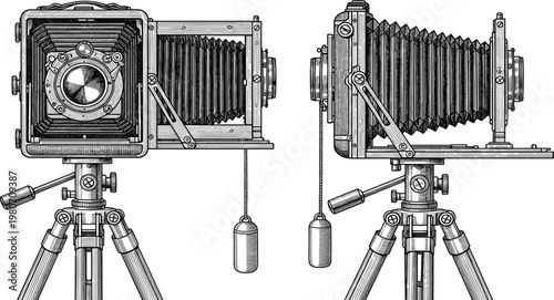 Vintage engraving of a classic large format bellows camera on a tripod used for professional photography in the early twentieth century
