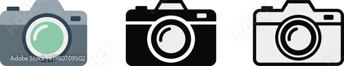 Three camera icons in different styles and colors on a white background photo photography