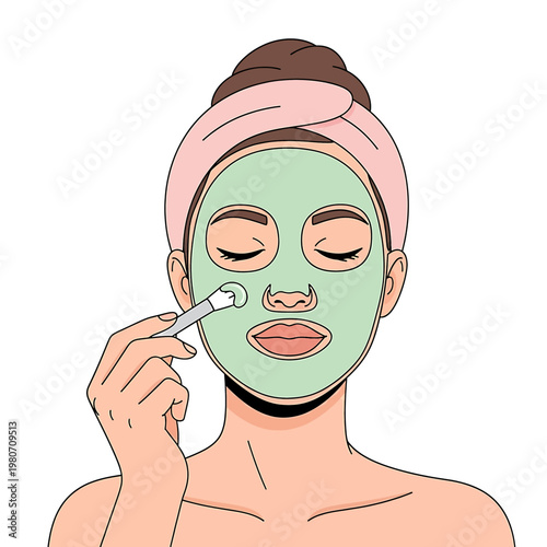 Woman applying green facial mask cream.