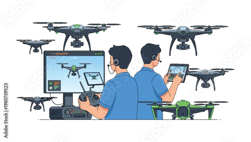 Drone Operation and Management: A detailed illustration captures two individuals skillfully managing a fleet of drones, their focus laser-sharp as they monitor flight paths and data.