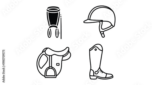 Equestrian Elements: Essential gear for equestrian activities, including a helmet, riding boot, saddle and leg protection, displayed in a simple and illustrative outline.