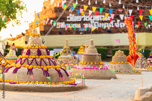 PHITSANULOK, THAILAND - April 9,2026: Thai people come to build the Sand Pagoda for return the sand to the temple on Songkran festival at Ratchaburana temple in Phitsanulok Thailand.