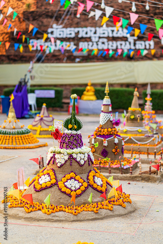 PHITSANULOK, THAILAND - April 9,2026: Thai people come to build the Sand Pagoda for return the sand to the temple on Songkran festival at Ratchaburana temple in Phitsanulok Thailand.