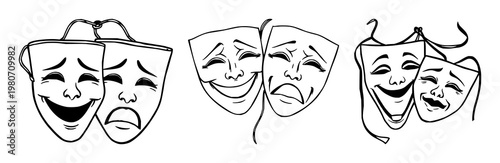 Theater masks set with bold black line art depicting classic joy and sorrow masks featuring theatrical, comedic, dramatic with silhouette and illustration