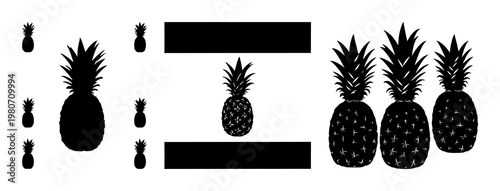 Pineapple set with tropical silhouette featuring pineapple, tropical fruit, bright foliage with sunset backdrop and beach scenery
