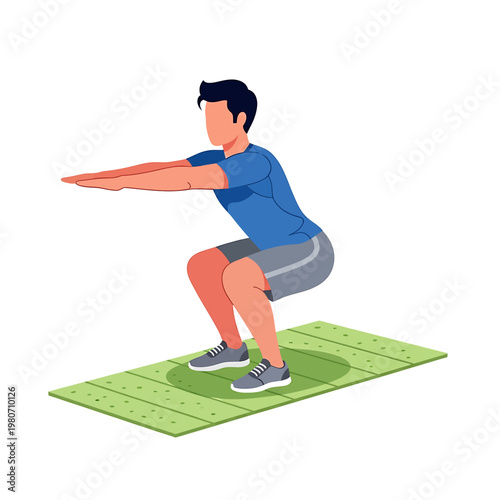 Man doing squat exercise on mat.