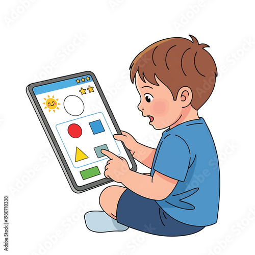 Young boy playing with digital tablet.