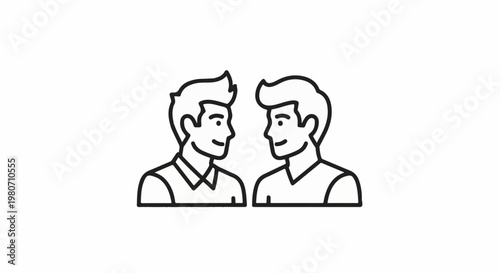 Two men facing each other, with smiles and short, styled hair