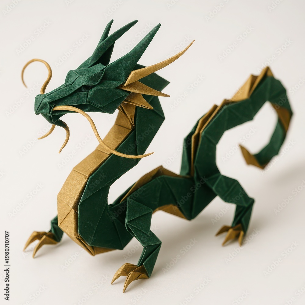 Fototapeta premium Origami Chinese dragon in dark green and gold paper