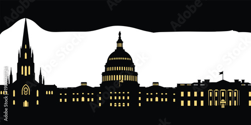 Washington DC Skyline Silhouette Featuring United States Capitol Building White House and National Cathedral Landmark Architecture Icons Isolated on White Background