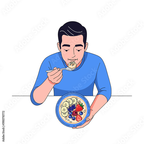 Man eating oatmeal with fruit.