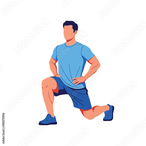 Man doing lunge exercise with hands on hips.