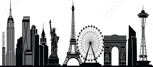 World city skyline vector icons set, featuring Eiffel Tower, Statue of Liberty, and global landmarks, black silhouette architectural symbols, isolated.