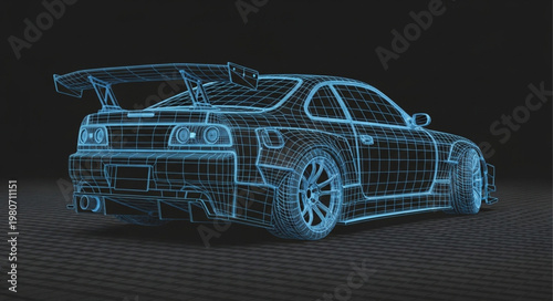 Futuristic Sports Car Wireframe Design Glowing Blue Lights.